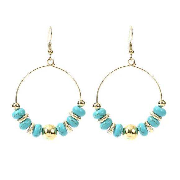 Blue Geometric Beaded Turquoise Stone Earrings Boho Hook Hoop Open Gold Tone - Picture 5 of 5